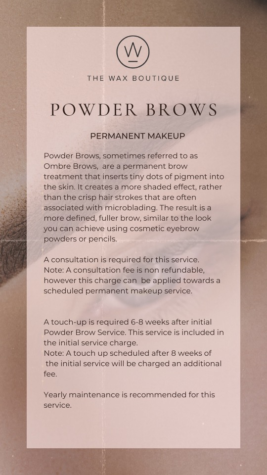 Illustration of Powder Brows service at The Wax Boutique, showing a permanent makeup option.